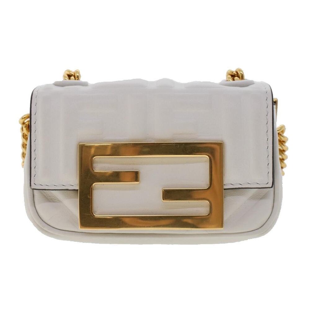 Fendi Zucca Leather Nano Baguette Chain Shoulder Bag White